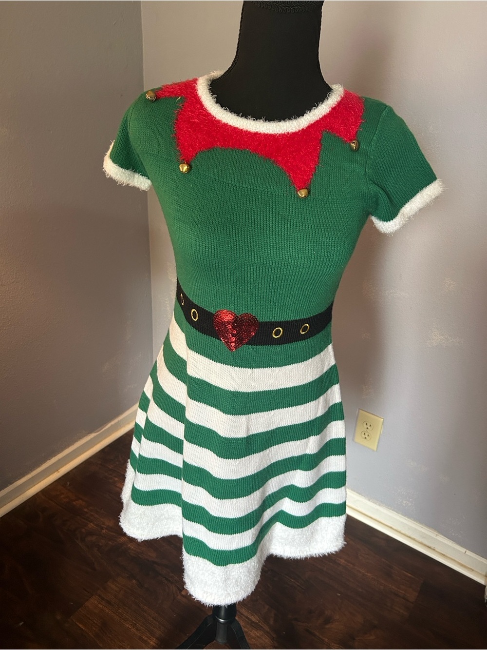 Holiday Time Women Festive Green Striped “Elf” Dress Size Large (10-12)